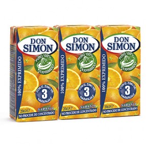 DON SIMON zumo de naranja exprimida pack 3 envase 200 ml